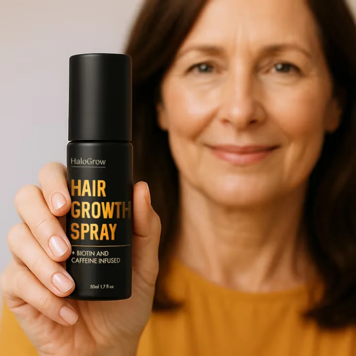 A woman holding a bottle of HaloGrow Hair Spray